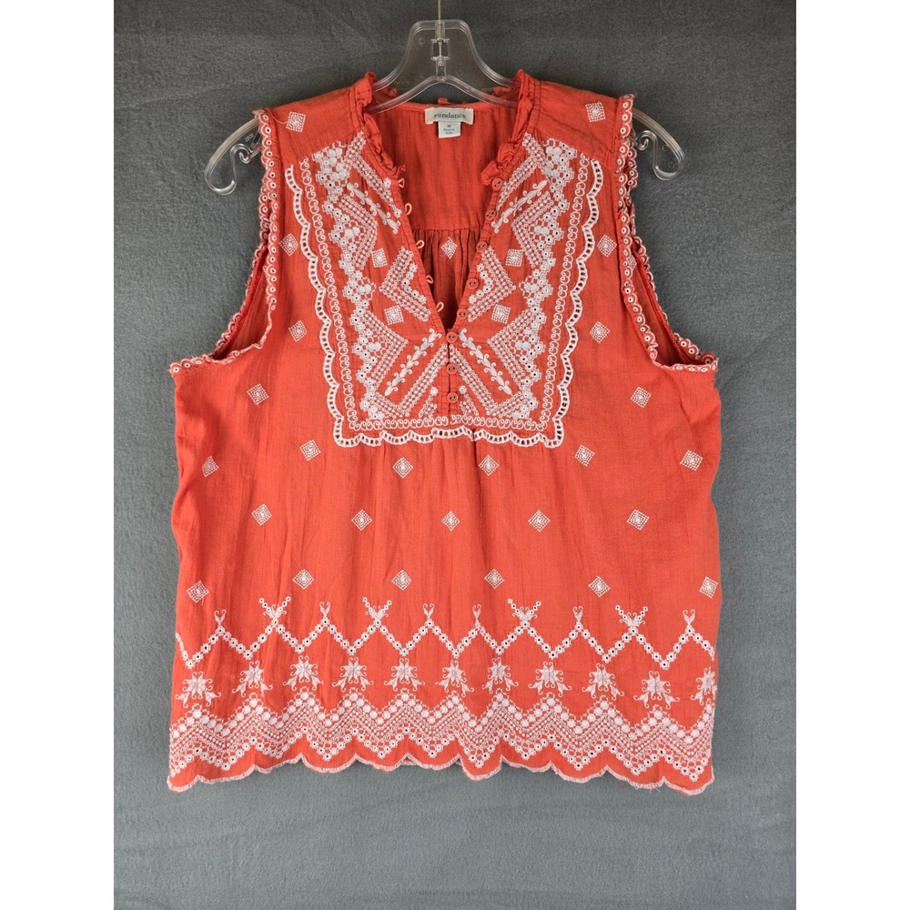 Sundance Blouse Womens M Coral Orange Eyelet Embroidered Boho Sleeveless Top